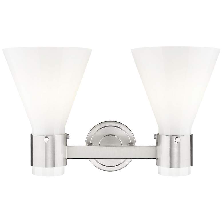 Image 2 Lawton Cone 16"W 2 Light Satin Nickel Bath Light w/ Gloss White Shade more views