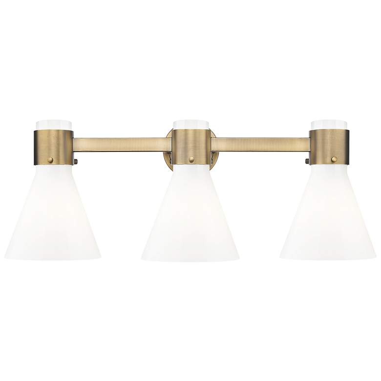 Image 1 Lawton Cone 24"W 3 Light Brass Wall Bath Light w/ Gloss White Shade