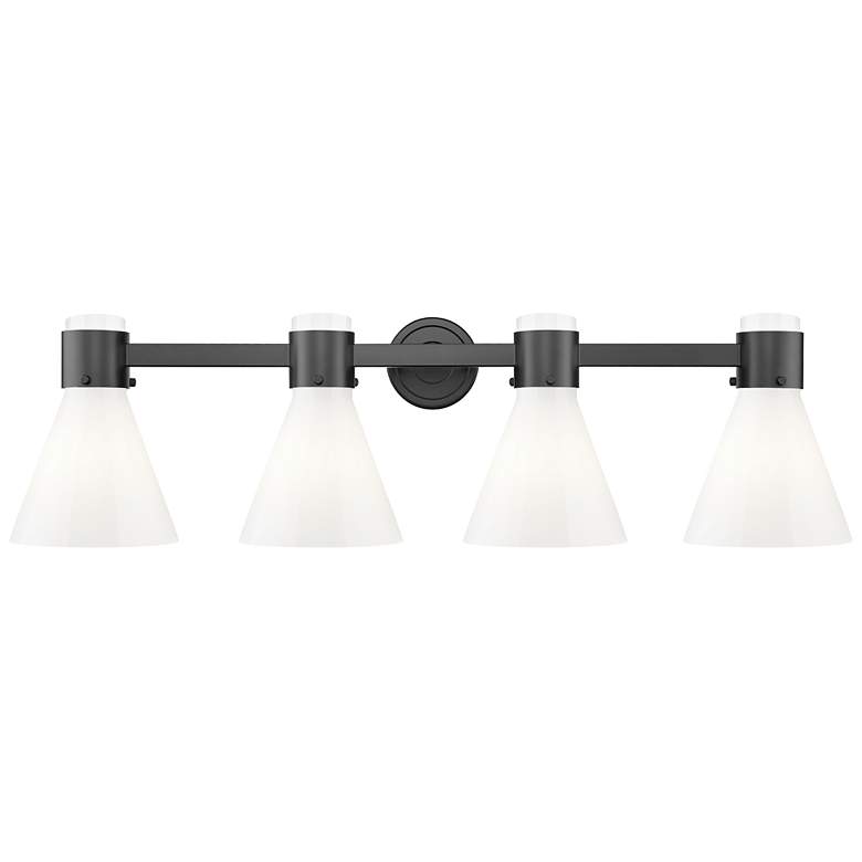 Image 1 Lawton Cone 34"W 4 Light Black Wall Bath Light w/ Gloss White Shade