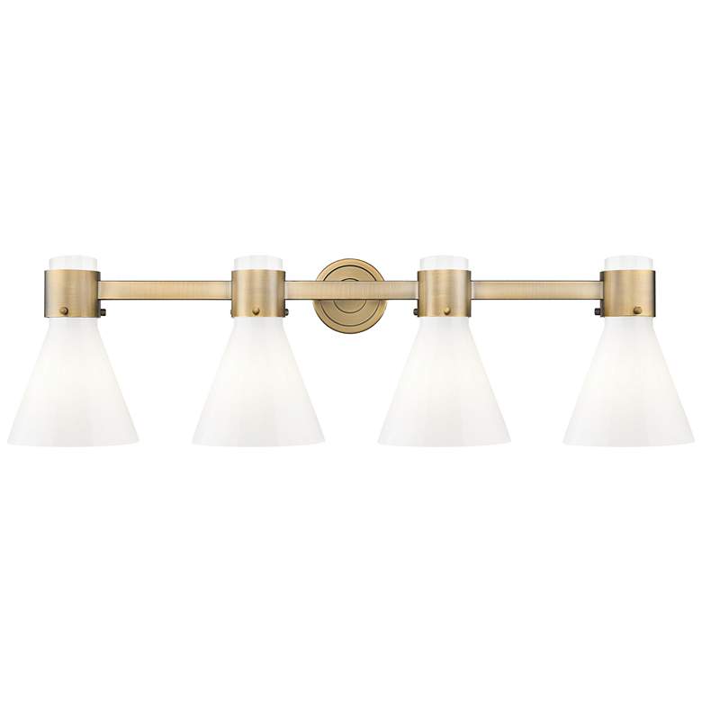 Image 1 Lawton Cone 34"W 4 Light Brass Wall Bath Light w/ Gloss White Shade