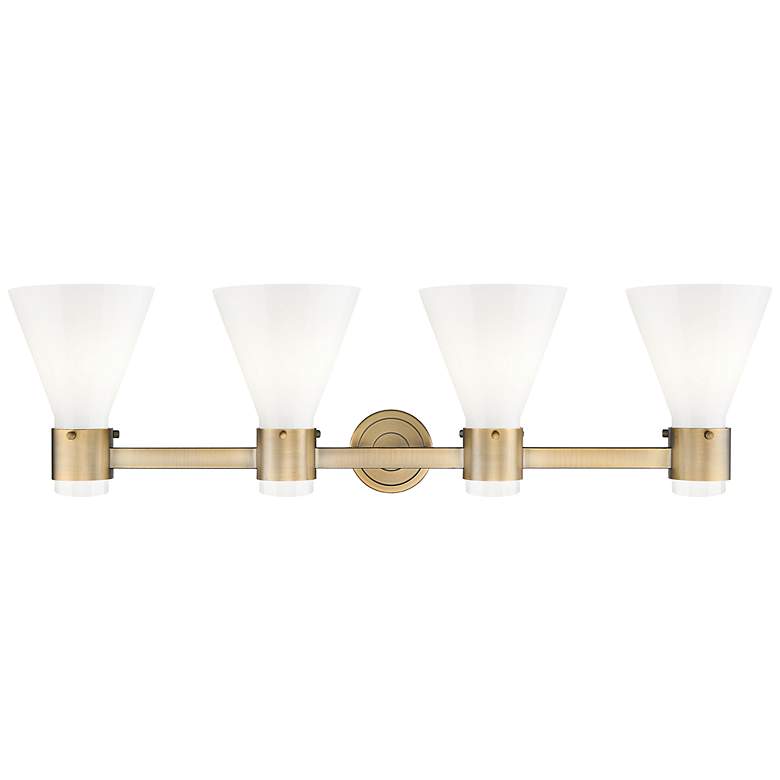 Image 3 Lawton Cone 34"W 4 Light Brass Wall Bath Light w/ Gloss White Shade more views