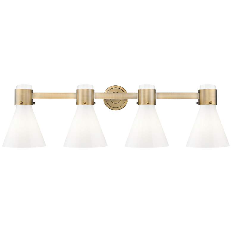 Image 4 Lawton Cone 34"W 4 Light Brass Wall Bath Light w/ Gloss White Shade more views