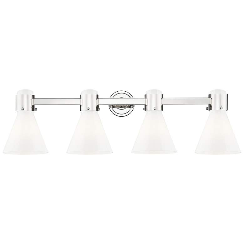 Image 1 Lawton Cone 34"W 4 Light Nickel Wall Bath Light w/ Gloss White Shade