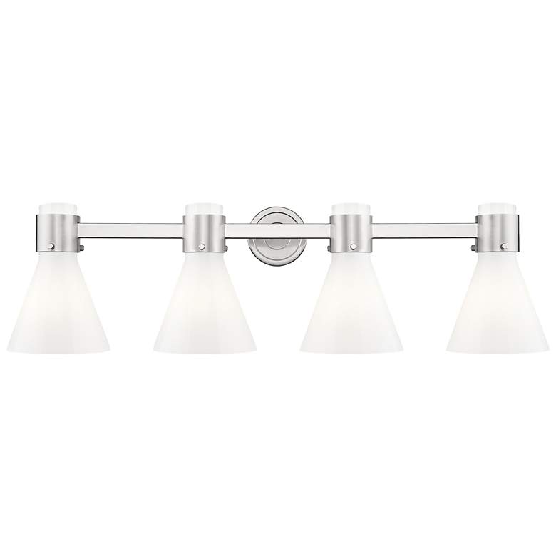 Image 1 Lawton Cone 34"W 4 Light Satin Nickel Bath Light w/ Gloss White Shade