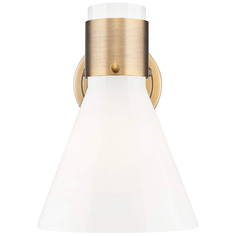 Image 2 Lawton Cone 8.5" High Brushed Brass Wall Sconce With Gloss White Shade more views