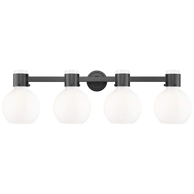 Image 1 Lawton Sphere 34"W 4 Light Black Wall Bath Light w/ Gloss White Shade