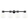 1_Lawton Sphere 34"W 4 Light Black Wall Bath Light w/ Gloss White Shade