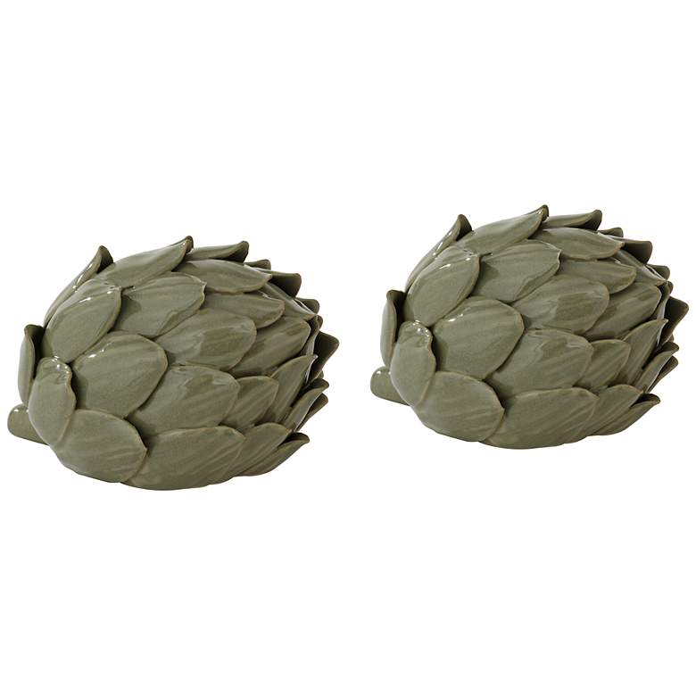 Image 1 Layered 5"W Matte Green Decorative Artichoke Sculptures Set of 2