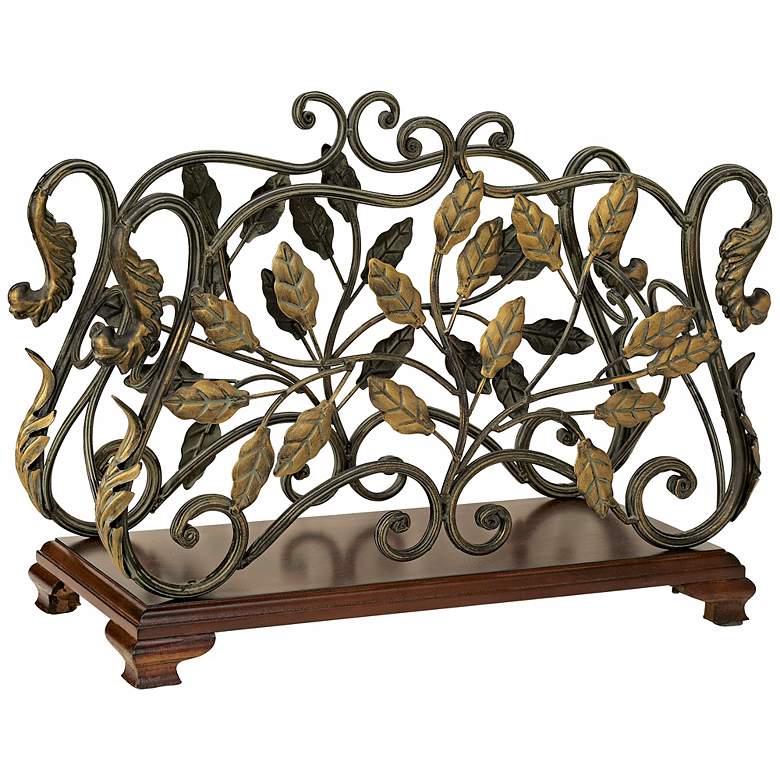 Image 1 Leaf and Vine 17 1/2 inch Wide Iron and Wood Magazine Rack