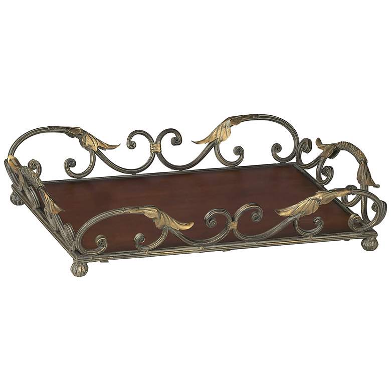 Image 1 Leaf and Vine 19 1/2 inch Wide Iron and Wood Serving Tray