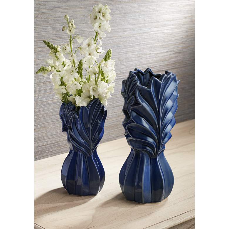 Image 1 Leaf Dark Blue Modern Ceramic Jar Vases - Set of 2