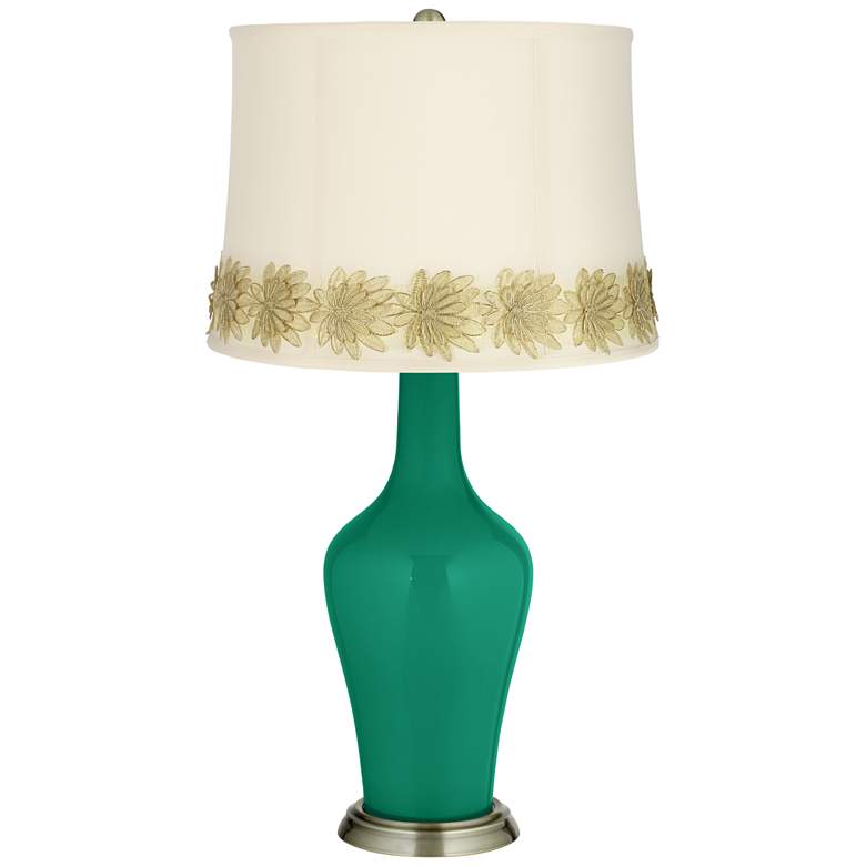 Image 1 Leaf Green Anya Table Lamp with Flower Applique Trim