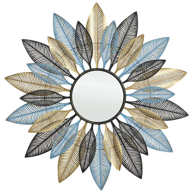 Image 1 Leaf Mirror - Brushed Blue/Gold