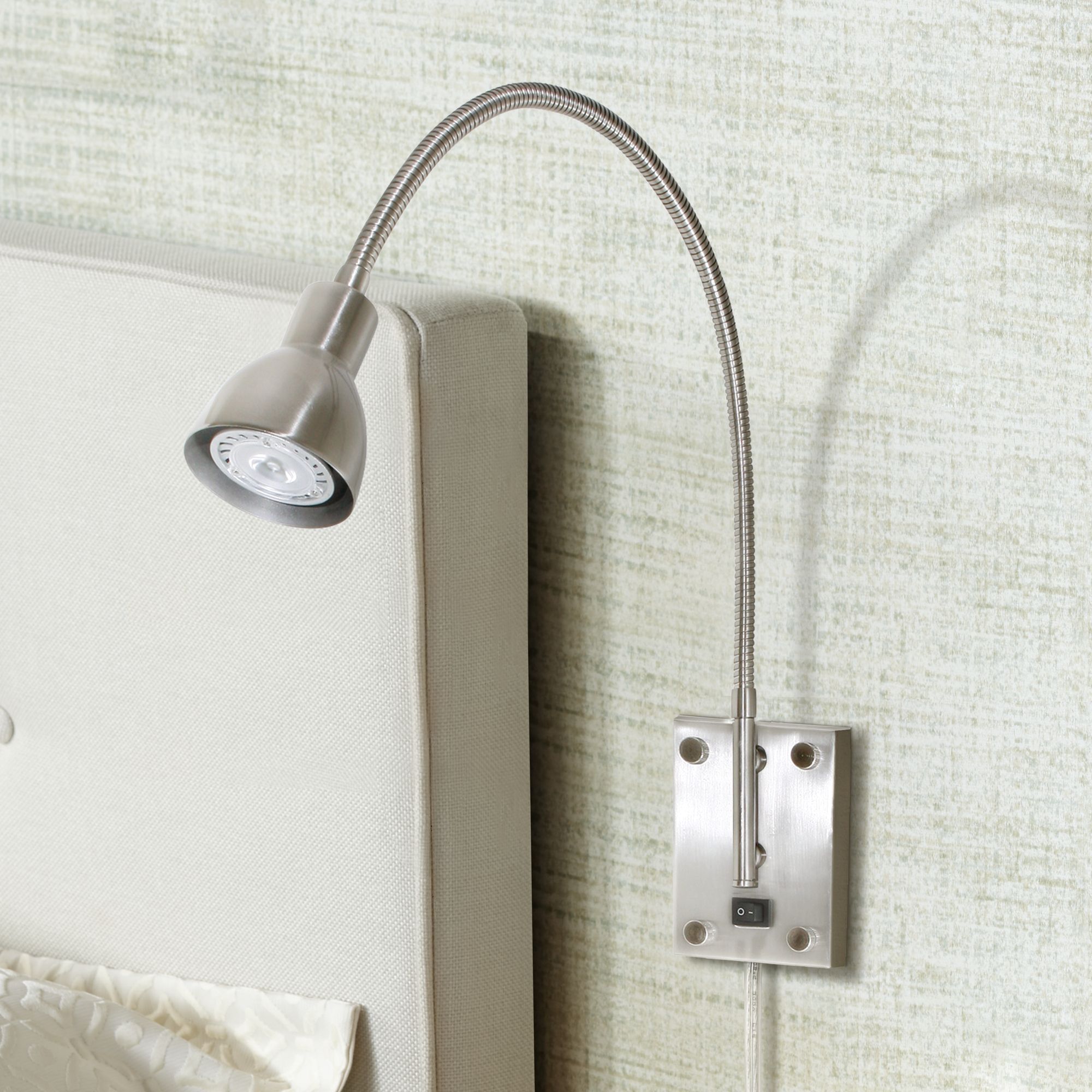 LED Brushed Steel Finish Gooseneck Arm Modern Plug In Wall Light