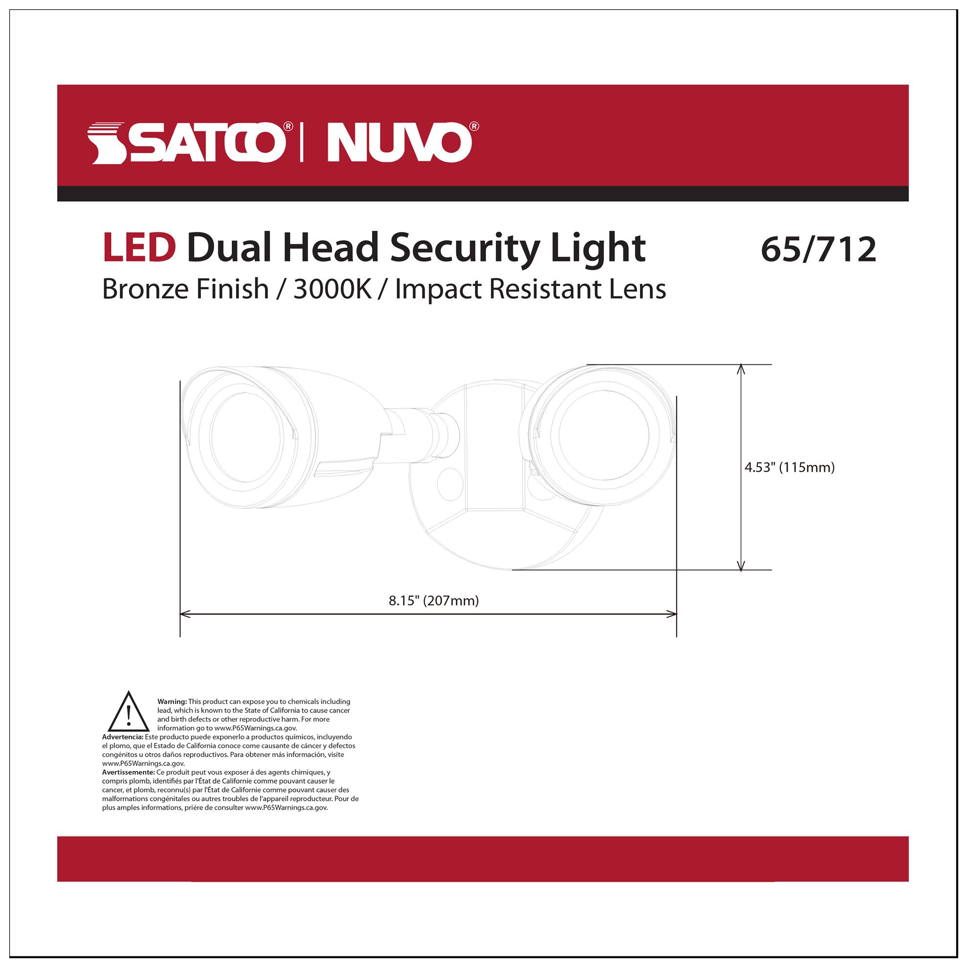 LED Security Light; Dual Head; Bronze Finish; 3000K