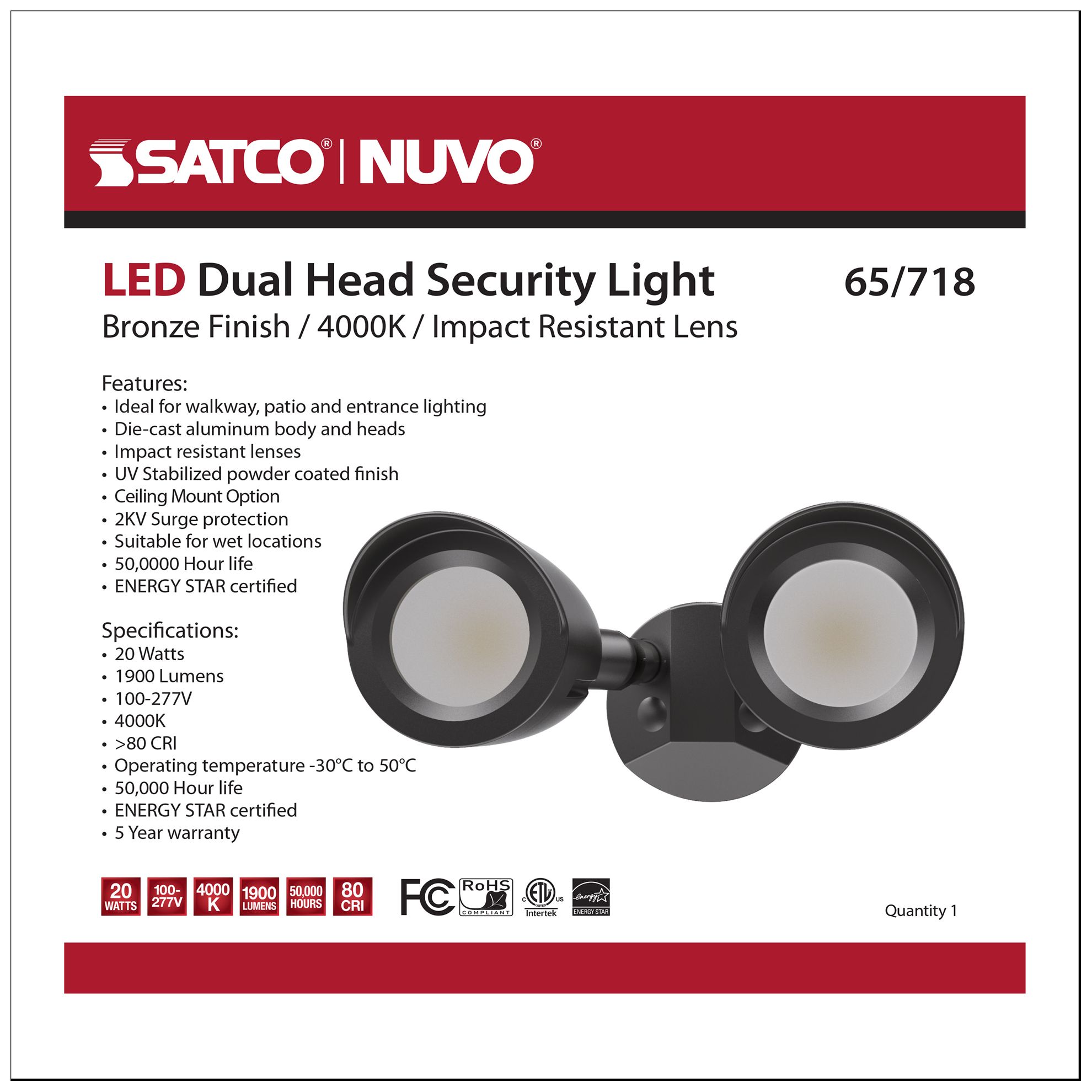 LED Security Light; Dual Head; Bronze Finish; 4000K