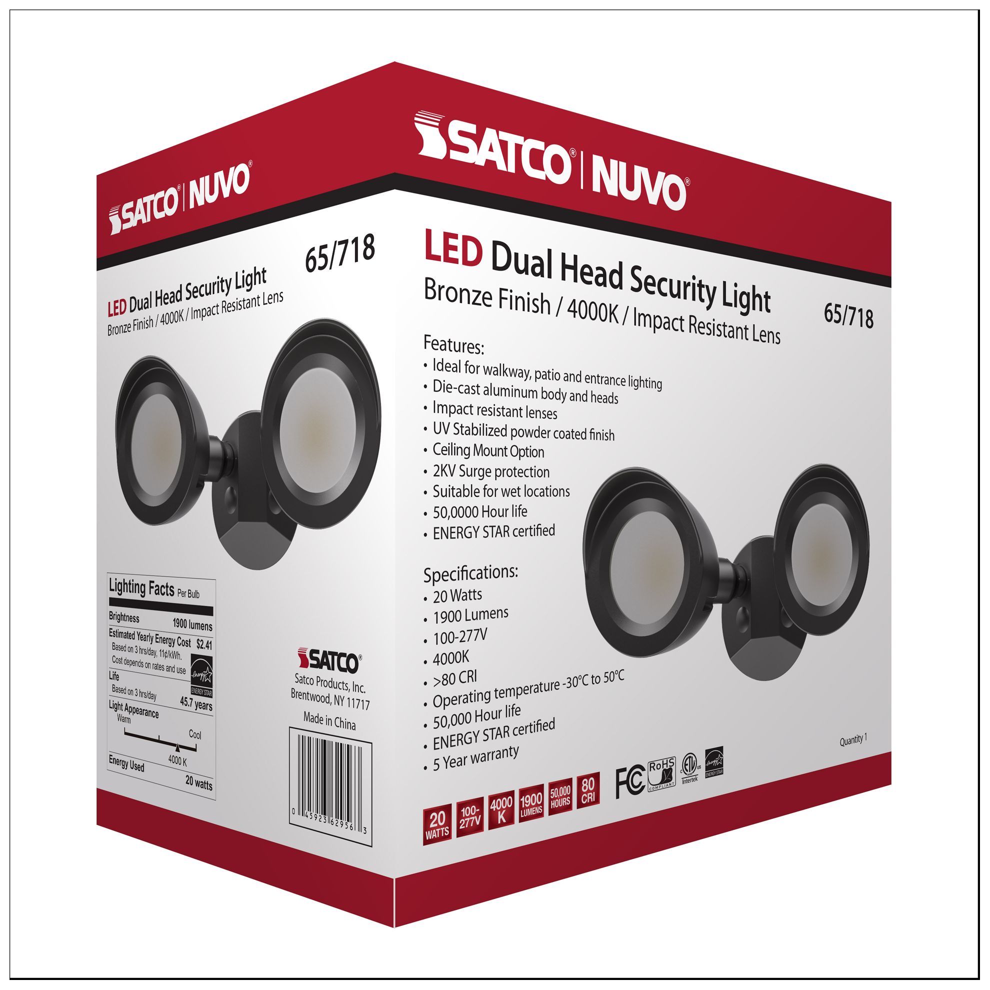 LED Security Light; Dual Head; Bronze Finish; 4000K