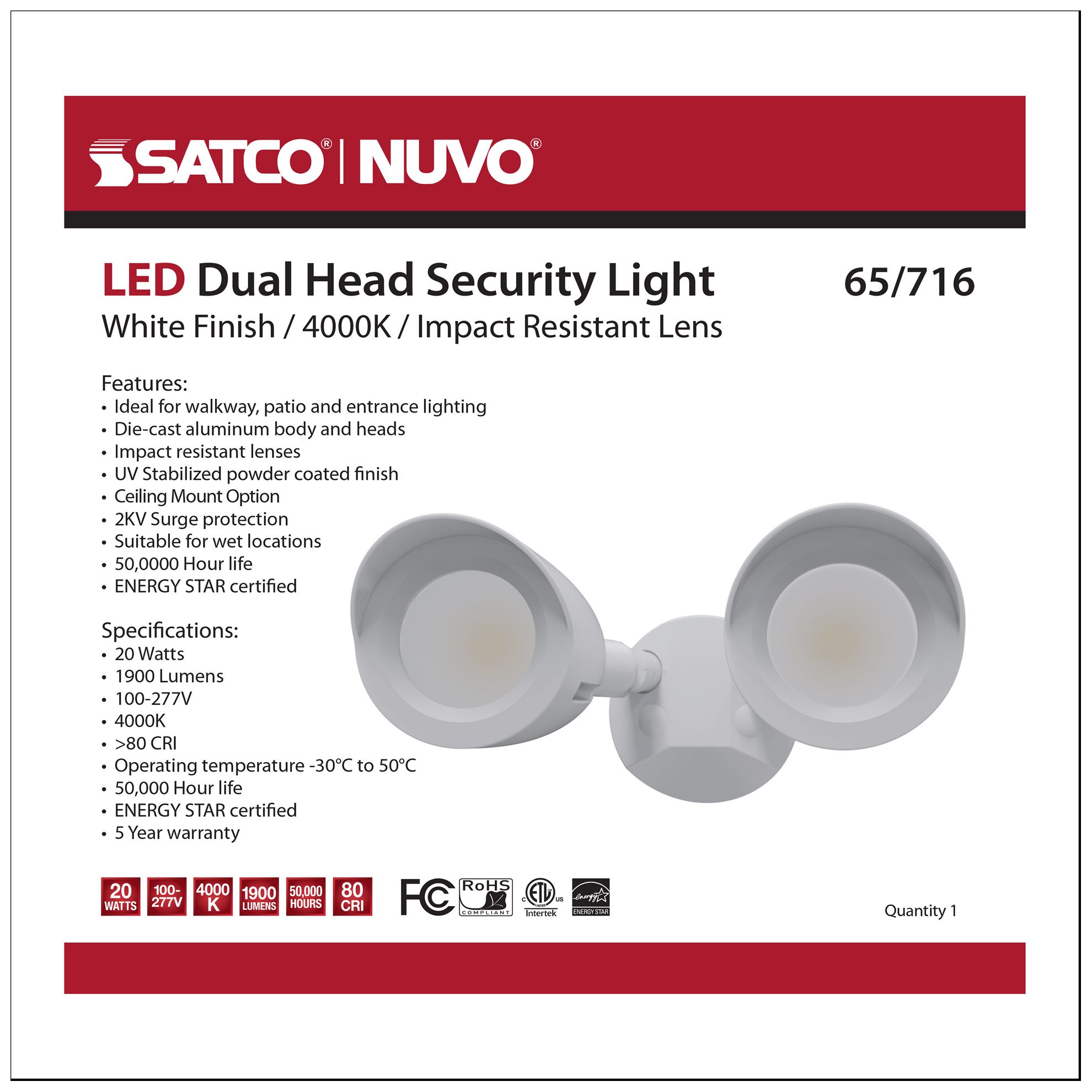 LED Security Light; Dual Head; White Finish; 4000K