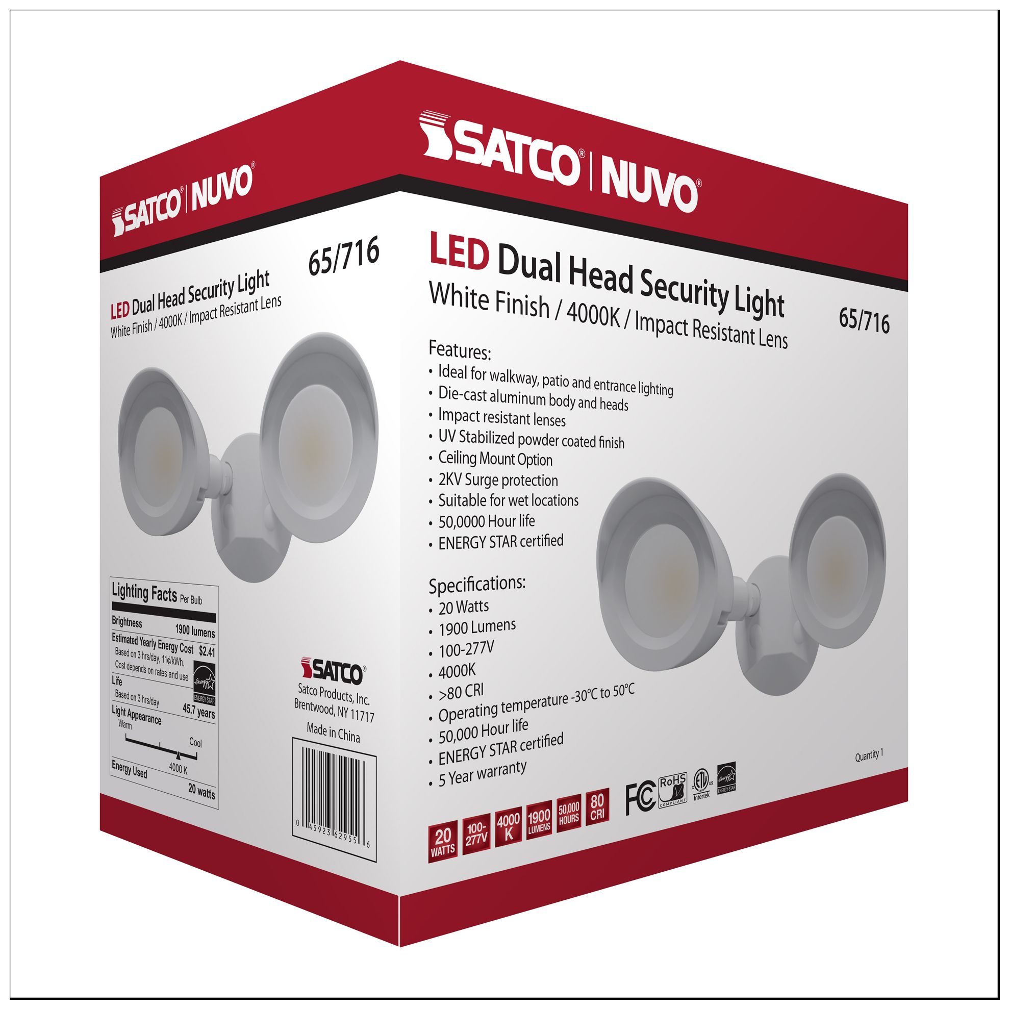 LED Security Light; Dual Head; White Finish; 4000K