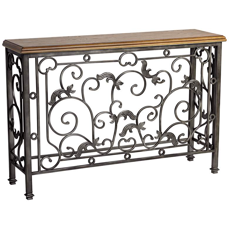 Leda 50 1/2&quot; Wide Antique Pewter and Elm Wood Console Table