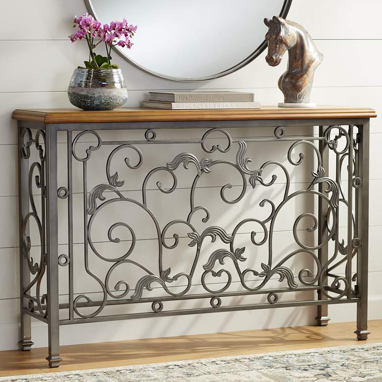 Leda 50 1/2&quot; Wide Antique Pewter and Elm Wood Console Table