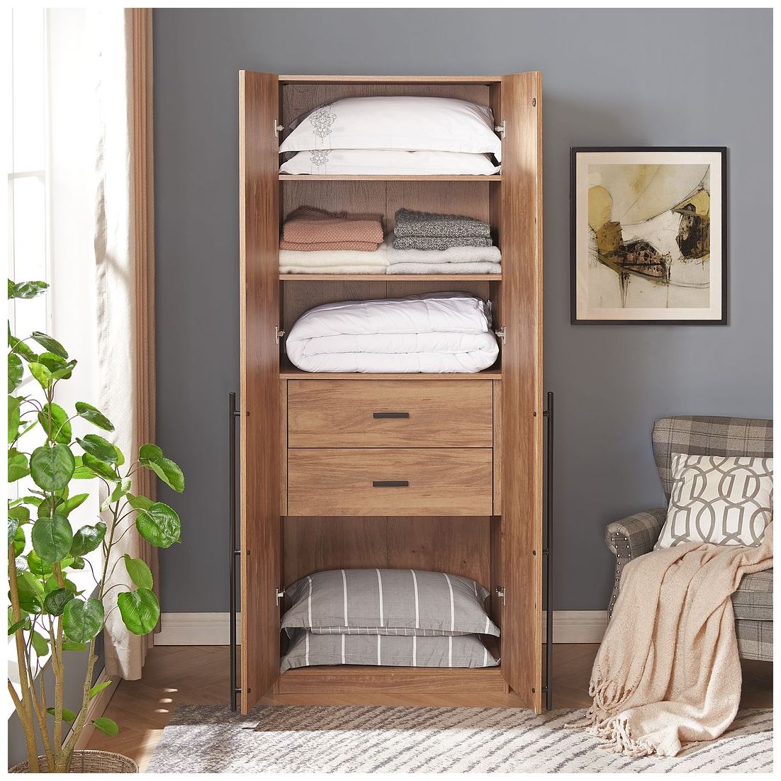 Image 5 Lee Modern Wardrobe Closet 1.0 with 4 Shelves and 2 Drawers in Golden Brown more views