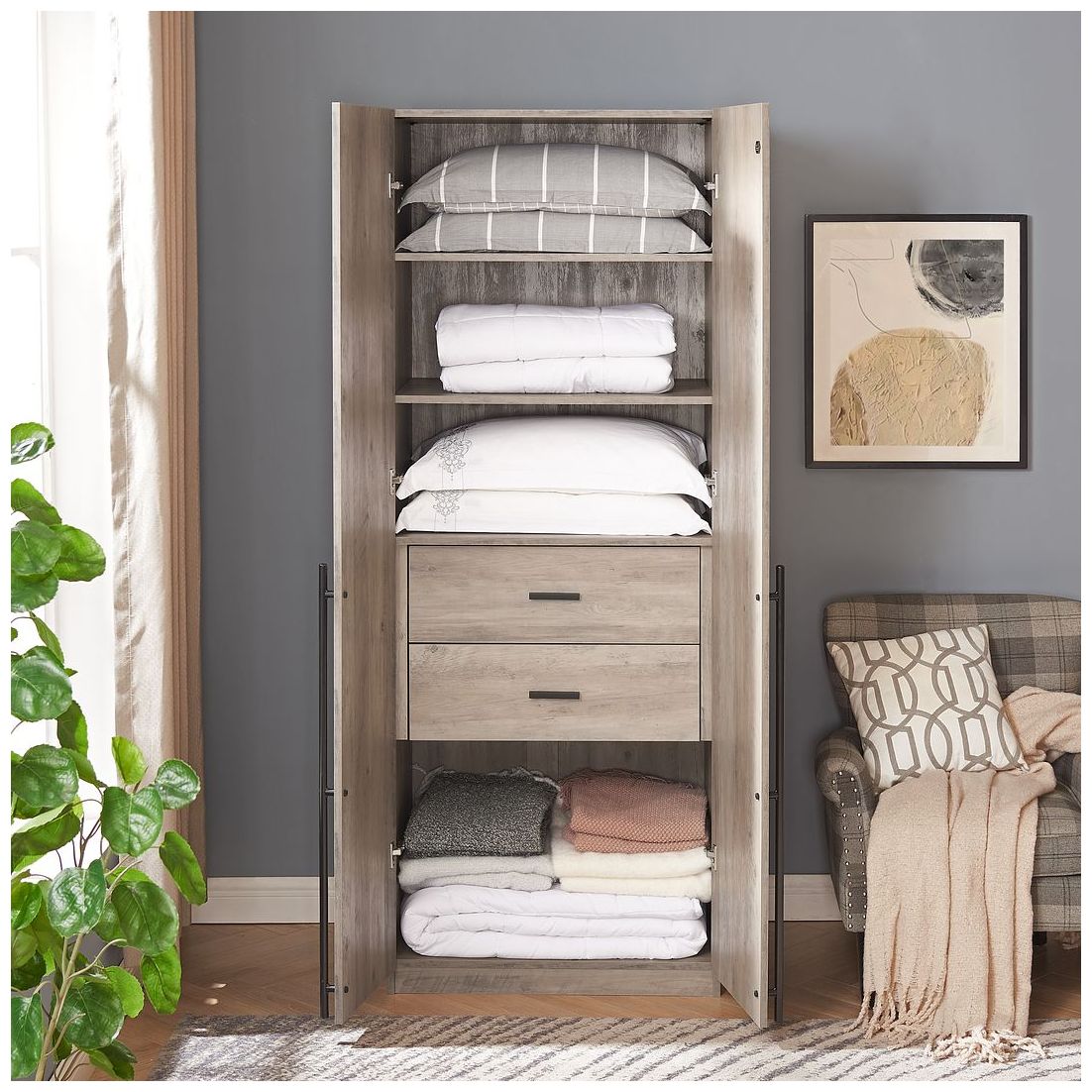 Image 5 Lee Modern Wardrobe Closet 1.0 with 4 Shelves and 2 Drawers in Rustic Grey more views
