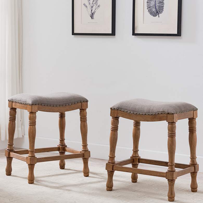 Image 1 Leick 25 inch Rustic Wood and Linen Saddle Seat Stool Set of 2