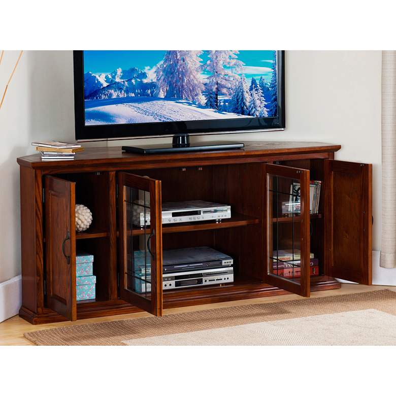 Image 1 Leick 56" Wide Burnished Oak Leaded Glass Corner TV Cabinet