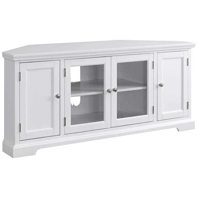 Image 2 Leick 57 inch Wide White Wood Glass Door Corner TV Console
