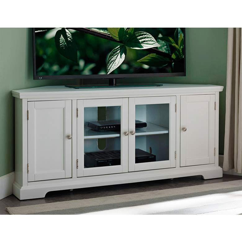 Image 1 Leick 57 inch Wide White Wood Glass Door Corner TV Console
