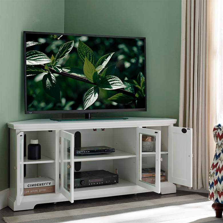 Image 3 Leick 57 inch Wide White Wood Glass Door Corner TV Console more views