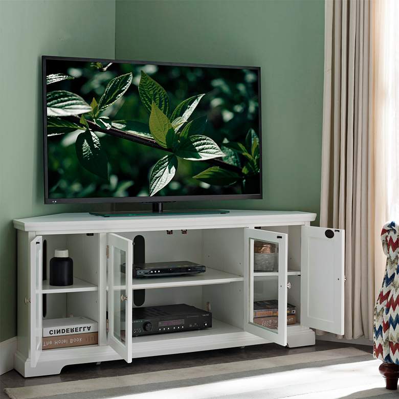Image 3 Leick 57" Wide White Wood Glass Door Corner TV Console more views