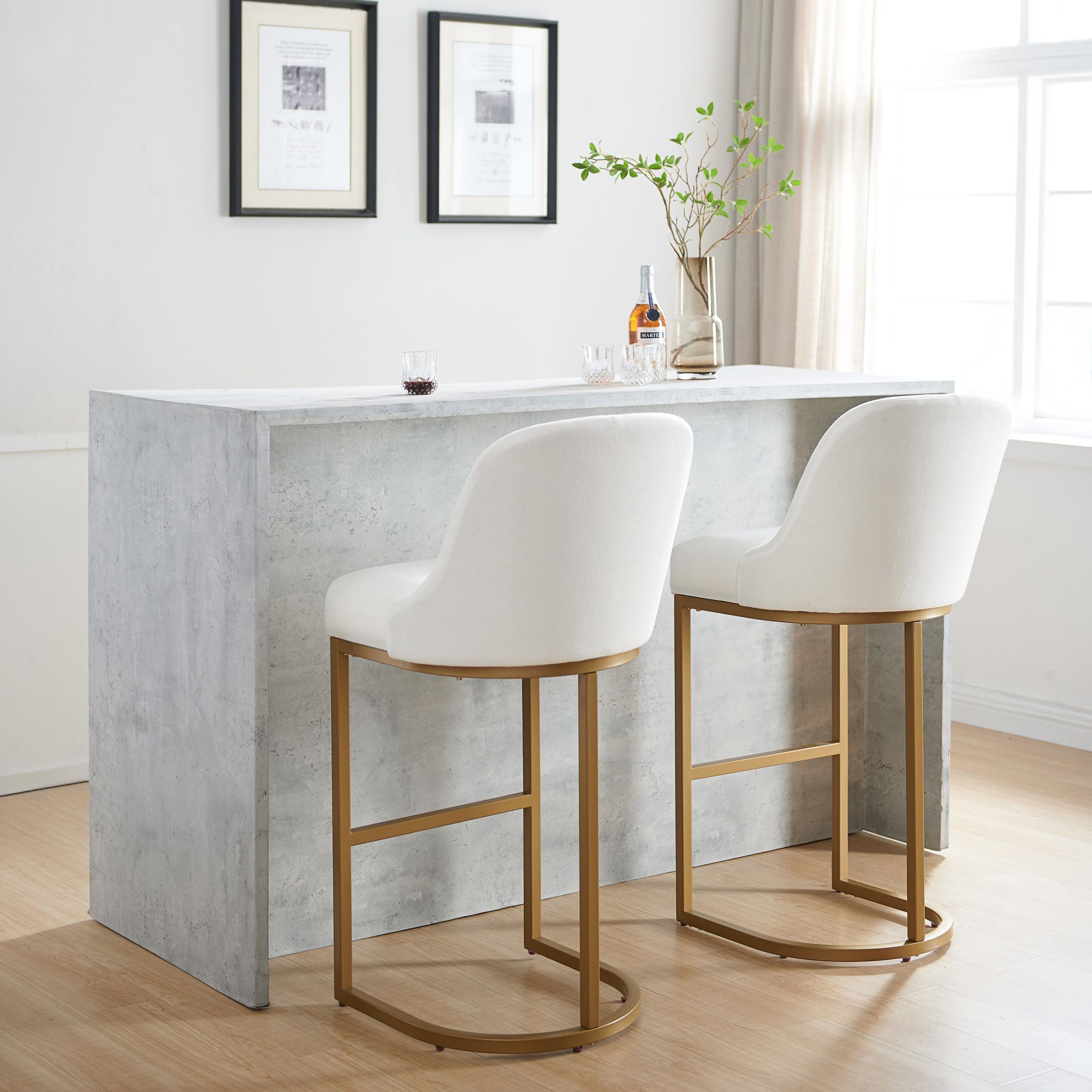 Leick Barrelback White Fabric Bar Stools Set of 2