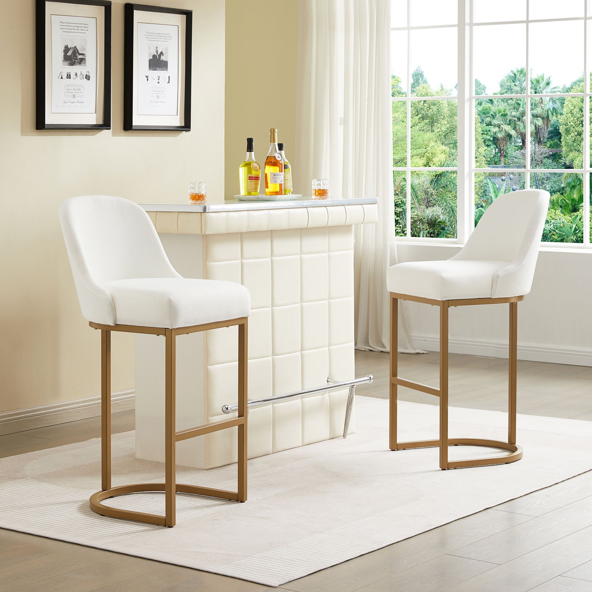 Leick Barrelback White Fabric Bar Stools Set of 2