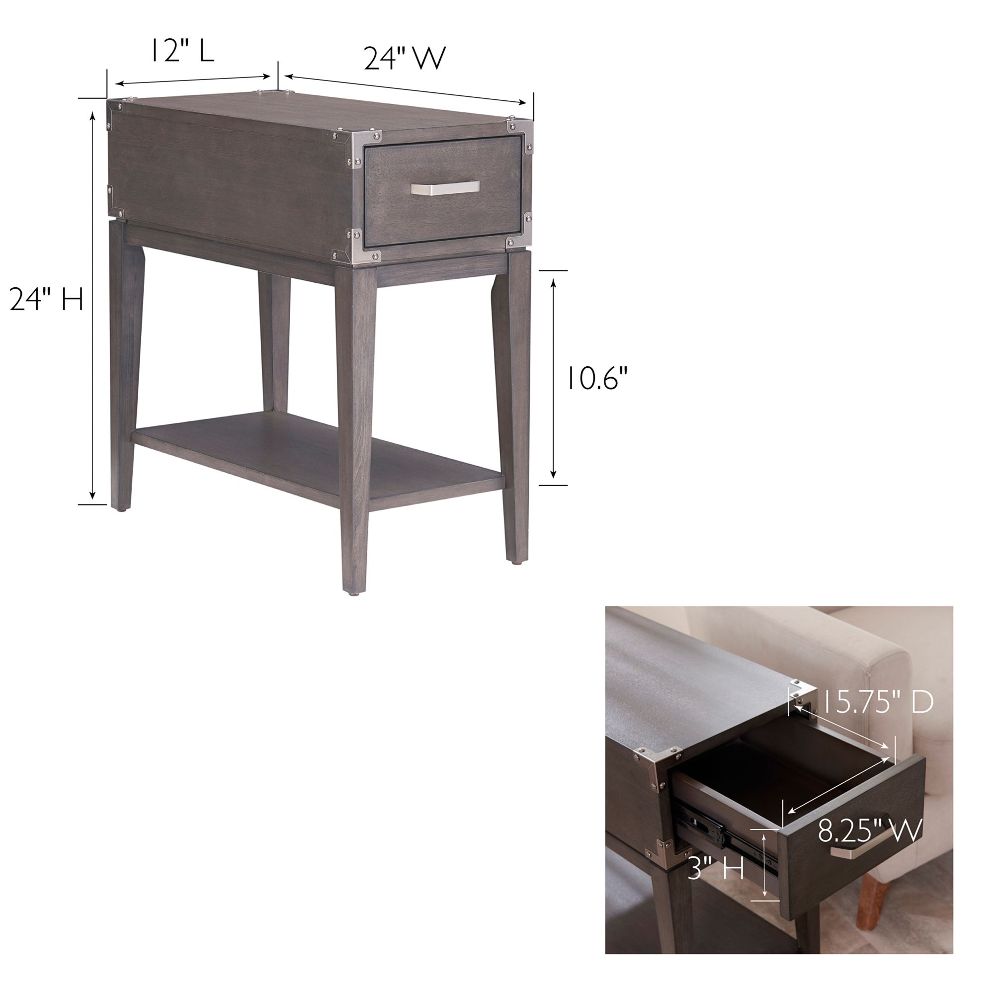 Leick Beckett 12"W Soft Anthracite Wood 1-Drawer Side Table