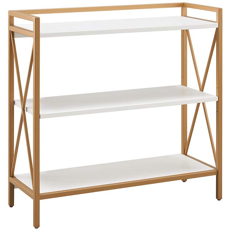 Image 2 Leick Claudette 32 inch Wide White Wood Gold Metal Bookshelf