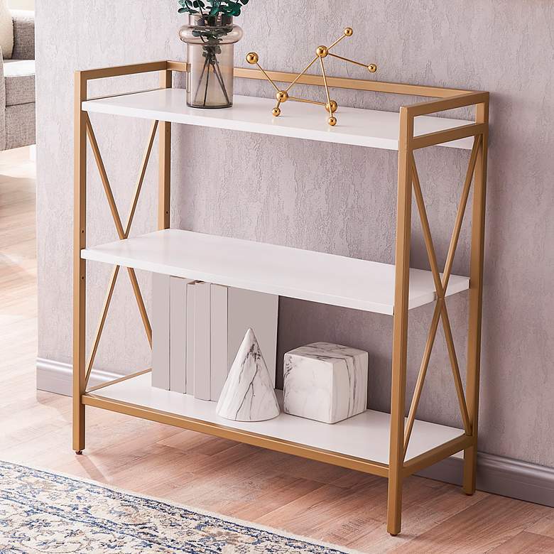 Image 1 Leick Claudette 32 inch Wide White Wood Gold Metal Bookshelf