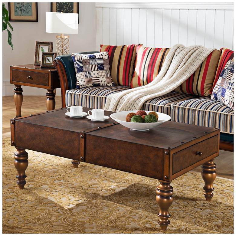 Image 1 Leick Cognac Leather-Look 2-Drawer Trunk Coffee Table