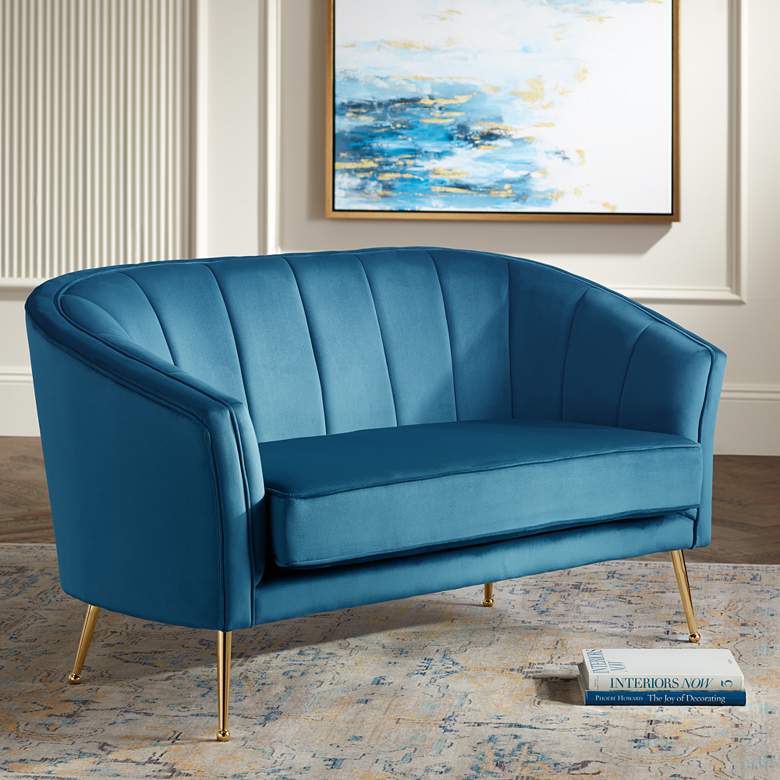 Image 1 Leighton 57" Wide Blue Velvet Tufted Sofa