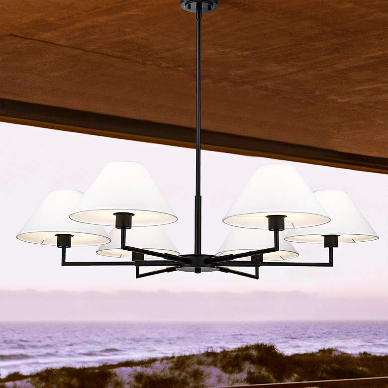 Image 2 Leila 44" Wide Matte Black 6-Light Chandelier w/ Linen Shade
