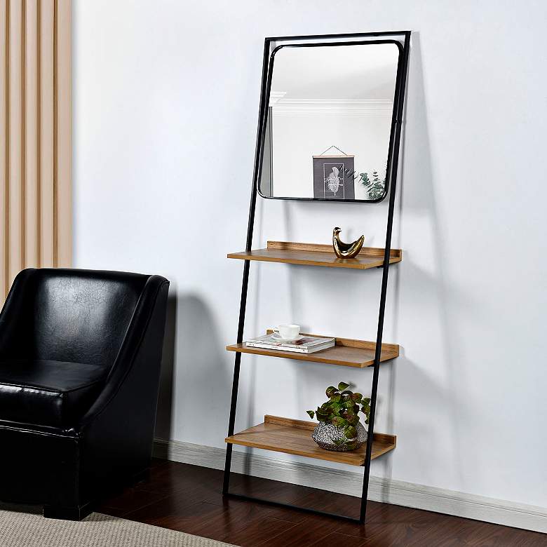 Image 1 Lena 24 1/2"W Black and Natural Standing Shelves w/ Mirror