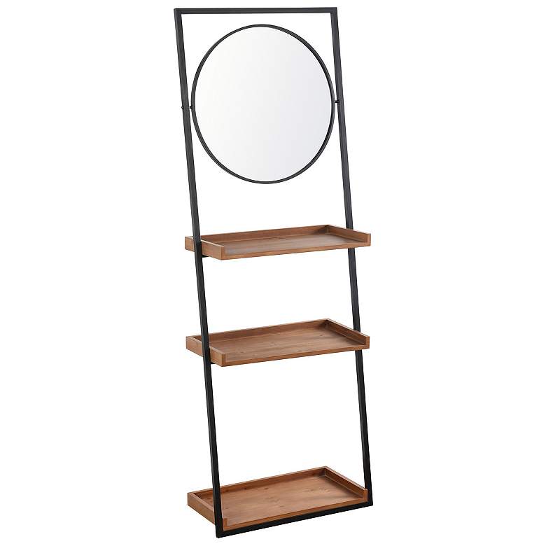 Image 1 Lena 72" High Wood Brown Round Mirror Decorative Standing Shelves