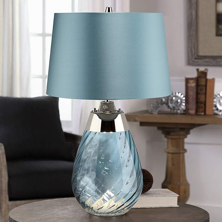 Image 1 Lena Blue Art Glass Small Table Lamp with Blue Satin Shade