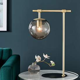 Image1 of Lencho Gold Metal Accent Table Lamp with Smoke Shade