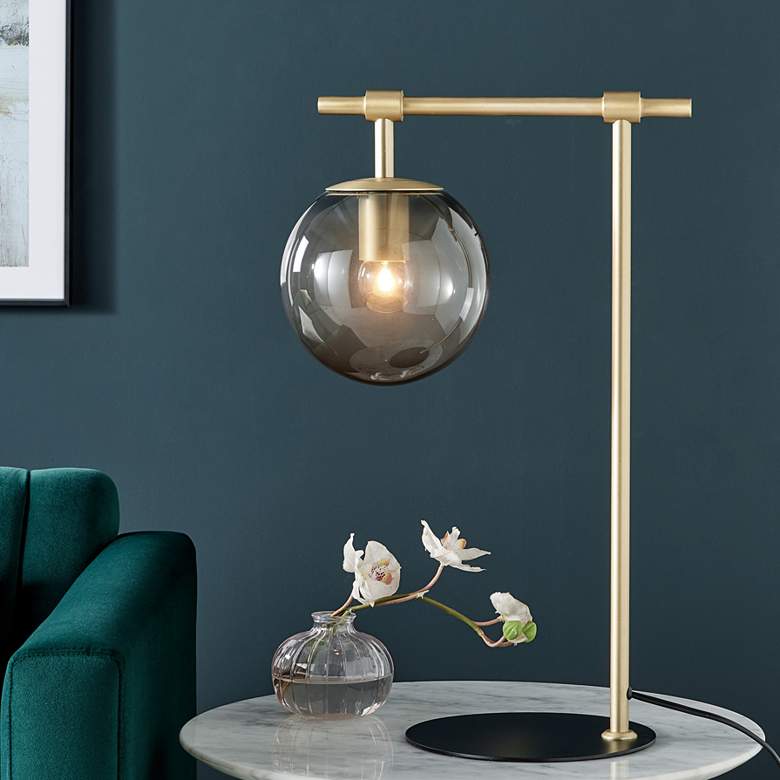 Image 1 Lencho Gold Metal Accent Table Lamp with Smoke Shade