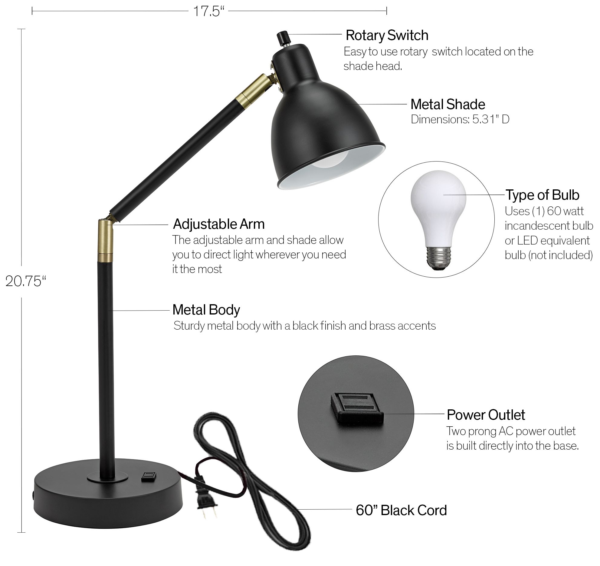 Lennon 20.75" High Black &amp; Brass Power Outlet Adjustable Desk Lamp