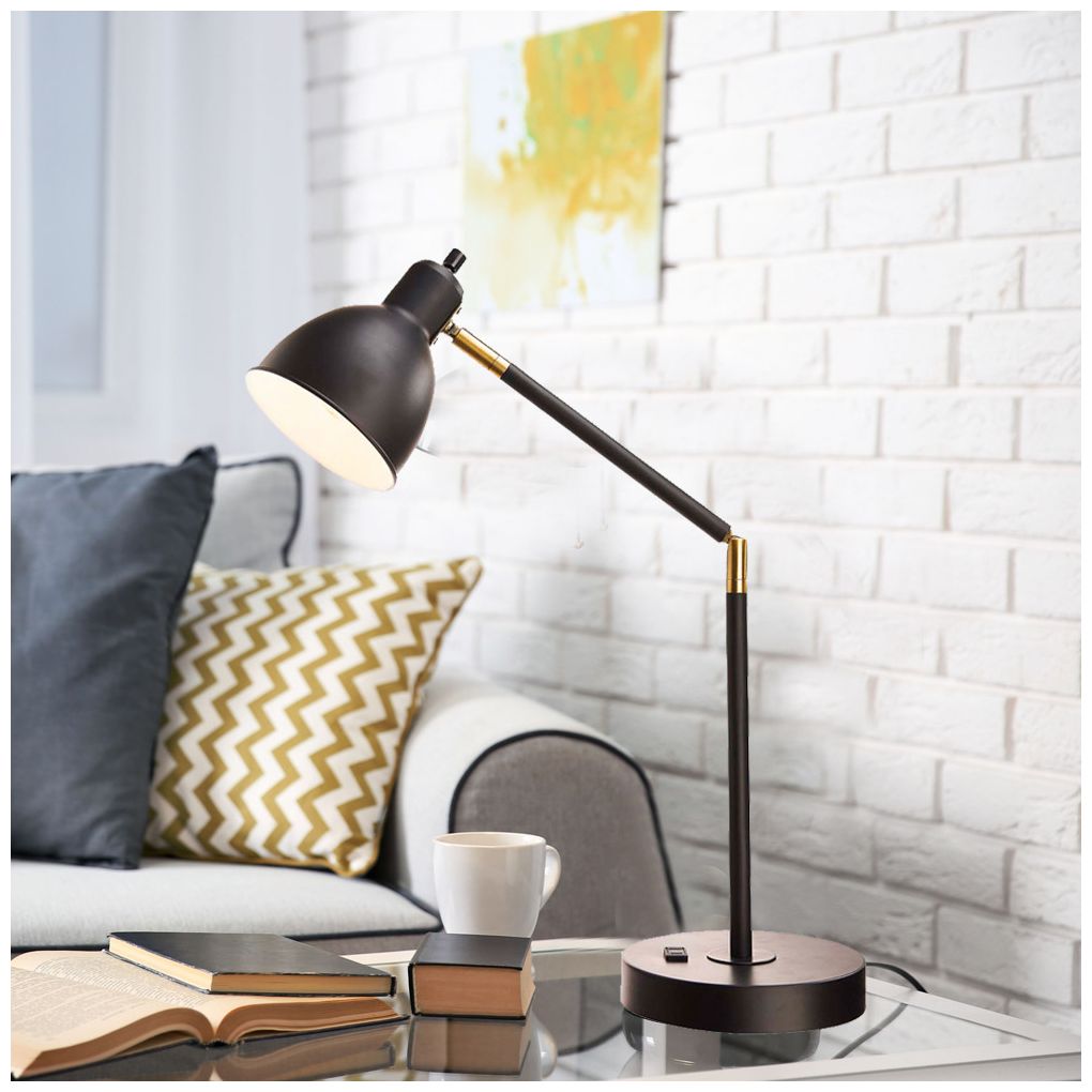 Lennon 20.75" High Black &amp; Brass Power Outlet Adjustable Desk Lamp