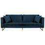 Lenox 90 In. Sofa in Blue Fabric and Brass Legs