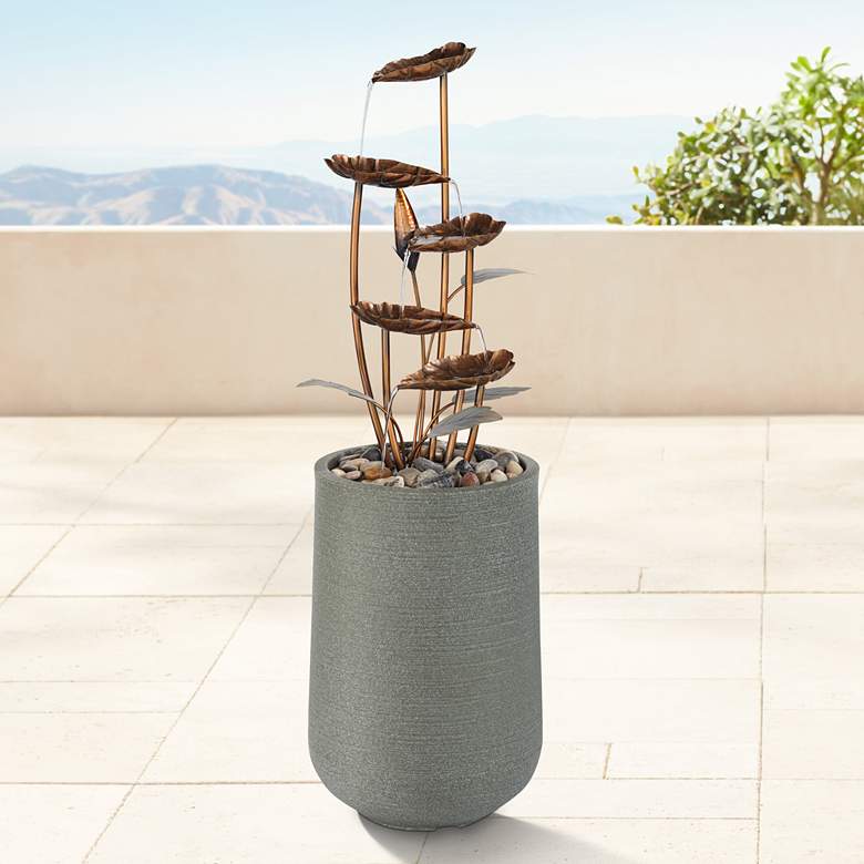 Image 1 Leonisis 38 1/2 inch Gray Stone and Metal Leaf Outdoor Plug-In Fountain